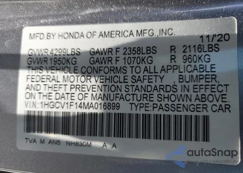 2021 Honda Accord Lx из США, поврежденный, VIN 1HGCV1F14MA016899